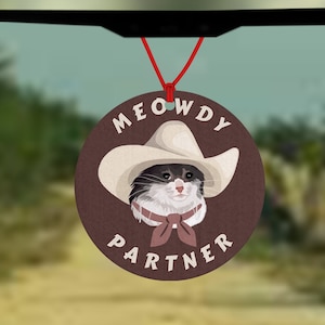 Désodorisant chat cowboy - assainisseur d'air de voiture partenaire miaou - accessoire de voiture drôle - cadeau nouveau conducteur - yeehaw - howdy pardner