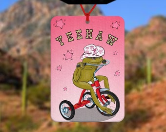 Yeehaw frog - frog on tricycle air freshener - car air freshener - car accessories - cowboy frog - frog with pink cowboy hat - funny gift