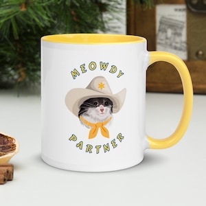 Taza de gato vaquero - taza maullando - taza divertida - regalo para amantes de los gatos - regalo para vaqueros - regalo para vaqueras - yeehaw - hola compañero