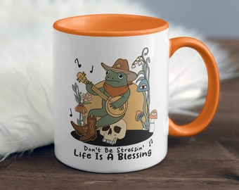 Cowboy frog mug - life is a blessing mug - don't stress gift - chill out gift - frog playing guitar - howdy partner - yeehaw frog