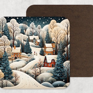 May include: A snowy winter village scene with houses, trees, and a winding path. The houses are decorated with lights and snow-covered roofs. The trees are covered in snow and have twinkling lights. The path is covered in snow and leads to a small village.