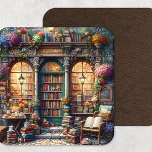 May include: A square coaster with an illustration of a charming bookstore. The image depicts a cosy scene with stacks of books, flowers, and a welcoming atmosphere. The coaster has a brown, textured backing.