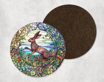 Porta-copos de lebre - efeito vitral - porta-copos de vida selvagem no campo - presente para amantes da natureza - presente para amantes de lebre - design de vitral
