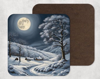 Posavasos navideños - Escena de nieve con luna llena - Nieve de noche - Campo en invierno - Regalo de Navidad - Amigo secreto - Relleno de medias
