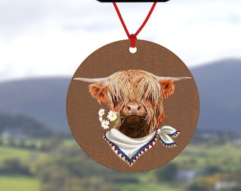 Highland cow wearing bandana car air freshener - funny cow gift - highland cow with bandana - cute cow gift - car accessory