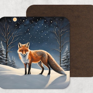 Christmas drinks coaster - fox and full moon - snow scene coaster - fox in snow - countryside in winter - Christmas gift - secret Santa
