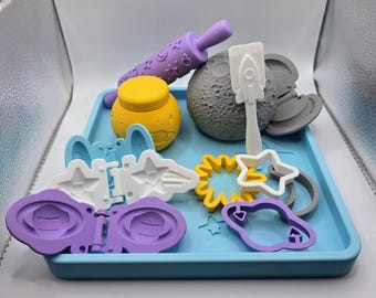 Outer Space Playdough Tool Kit | 3D Printed Moon, Saturn, Rocket Molds & Rolling Pin (13-Piece)