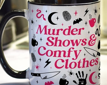True Crime Obsessed Mug | Murder Shows & Comfy Clothes, Funny Gift | True Crime Mug | Pink Crime Junkie Coffee Cup | Cozy Aesthetic Mug