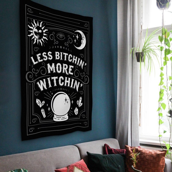 Less Bitchin' More Witchin' Tapestry, Aesthetic Witch Tapestry, Witchy Things, Moon Tapestry, Gothic Goth Tapestry, Christmas Gift