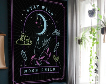 Stay Wild Moon Child Tapestry, Moon Phase Wall Hanging, Witchy Room Decor, Boho Celestial Tapestry, Gift for Her, Aesthetic Wall Art