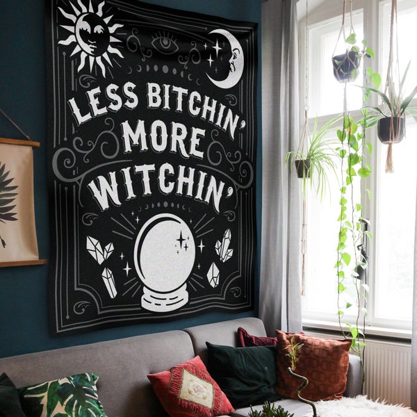 Less Bitchin' More Witchin' Tapestry, Witch Tapestry, Witch Aesthetic, Witchy Things, Moon, Gothic, Gift for her, Home Gift, Ouija Board