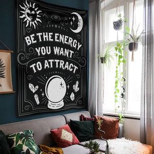 Be the Energy You Want to Attract Tapestry, Witchy Wall Decor, Spiritual Gift for Her, Moon Tapestry, Tarot Aesthetic, Dorm Room Art