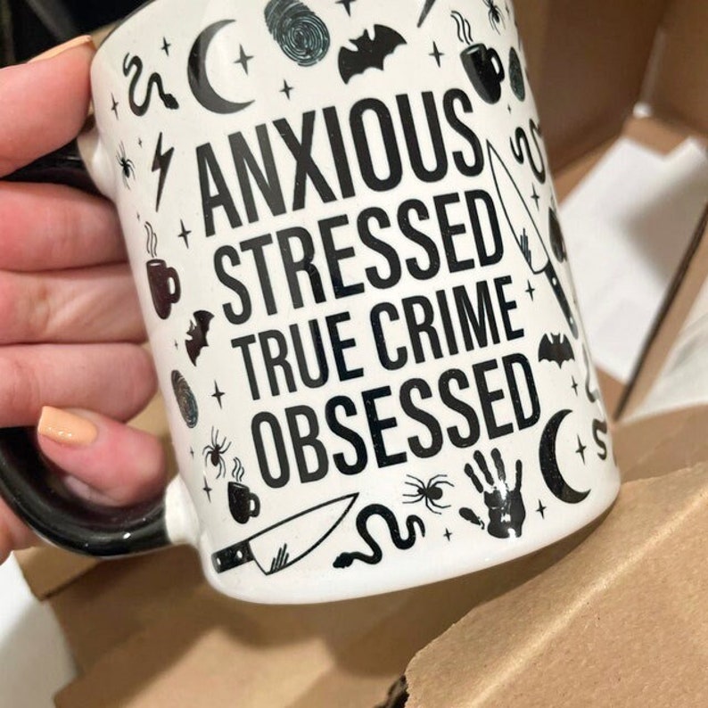True Crime Obsessed Mug | Witchy Goth Coffee Cup | Gift for True Crime Junkies | Funny Gift for her | Murder Podcast Lover image 1