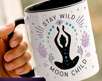 Stay Wild Moon Child Coffee Mug | Celestial Goth Tarot Gift, Witchy Coffee Cup Gift, Tarot Lover, Mystic Moon Phases, Gift for Her
