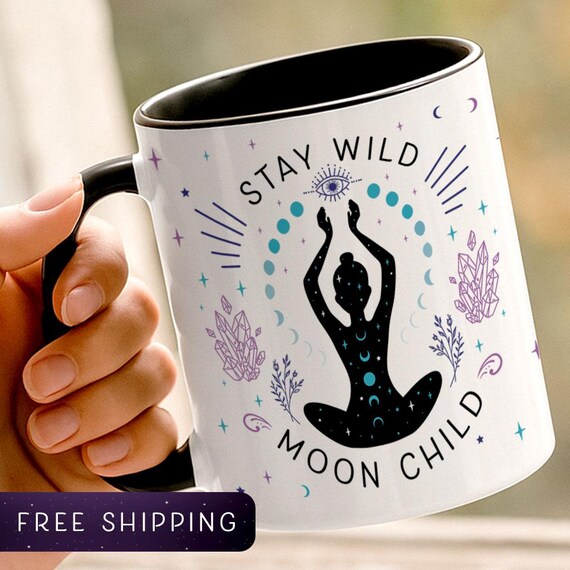Stay Wild Moon Child Coffee Mug | Celestial Goth Tarot Gift, Witchy Coffee Cup Gift, Tarot Lover, Mystic Moon Phases, Gift for Her