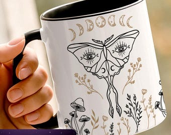Witchy Luna Moth Coffee Mug | Celestial Moon Phase Design, Flowers Mug, Occult Coffee Cup, Mystic Nature Design, Spiritual Gift for Her