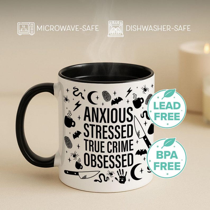 True Crime Obsessed Mug | Witchy Goth Coffee Cup | Gift for True Crime Junkies | Funny Gift for her | Murder Podcast Lover image 6