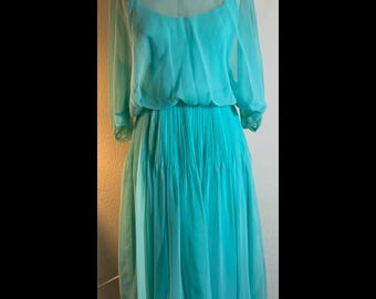 Vintage 70’s Union Made Sea Glass Pleated Chiffon Dress