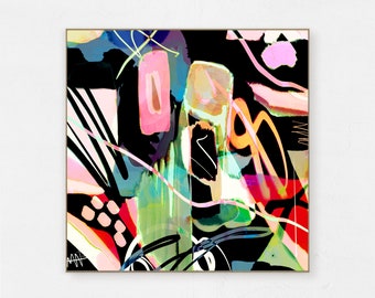 Abstract Printable Art, Digital Download, Abstract Digital Print, Colorful Tropical Modern Art, Black Pink Green Wall Art