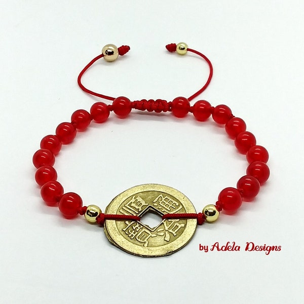 Bracelet Feng Shui chinois rouge I Ching Coin. Bracelet Feng Shui rouge. Bracelet fil rouge. Bracelet perlé rouge. Cadeau de Noël.