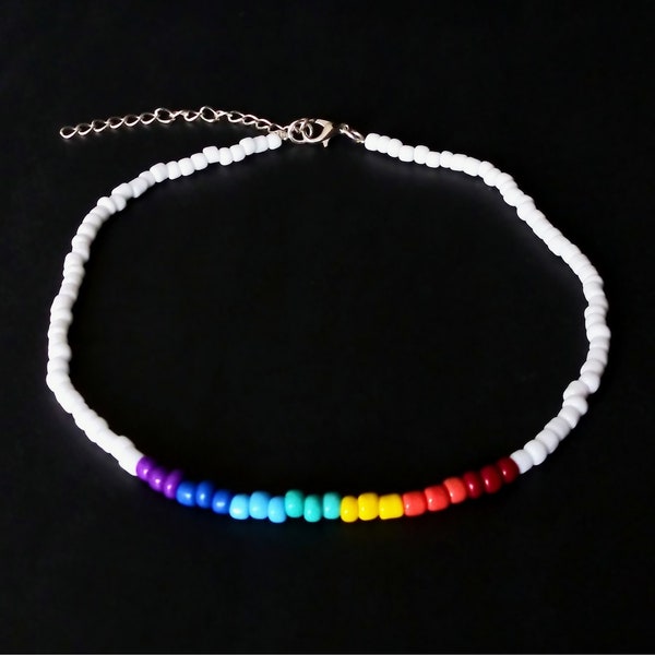 Rainbow Seven Chakra White Seed Bead Choker. Colorful and White Beaded Pucca Necklace. On-trend Choker. Feng Shui Choker. Multicolor Choker.