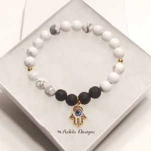 Hamsa Evil Eye Bracelet: Howlite & Black Lava Stone Diffuser