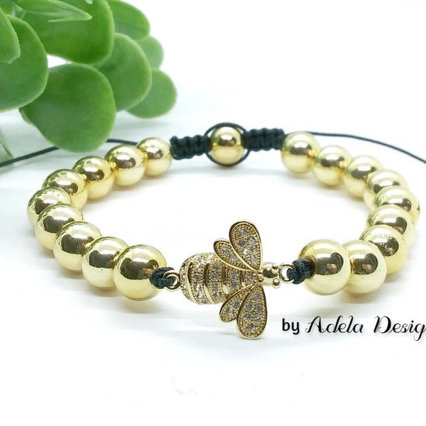 Gold Hematite Bumble Bee Bracelet. Cubic Zirconia Bee Bracelet. Bee Charm. Hematite Healing Stone. Feng Shui Bracelet.