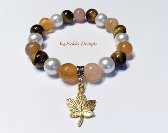 Autumn Bracelet. Autumn Maple Leaf Charm Bracelet. 10 mm Tiger Eye / Orange Red Agate / Czech Pearls. Maple Leaf Bracelet. Custom Sizes.