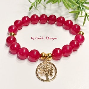 Pink Jade Tree of Life Bracelet: 10mm Feng Shui Beads