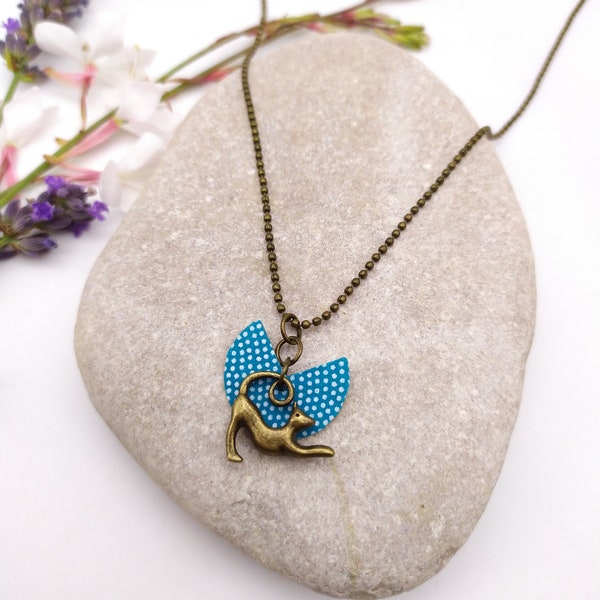 Collier enfant, chat et papier washi bleu à pois