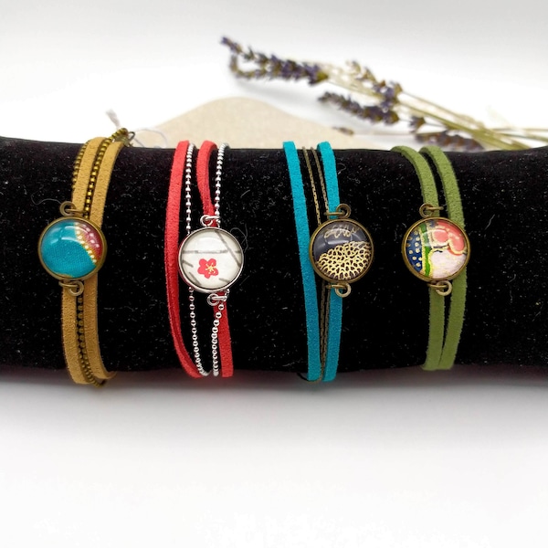 Bracelets double tour suédine et cabochon papier washi ou tissu batik