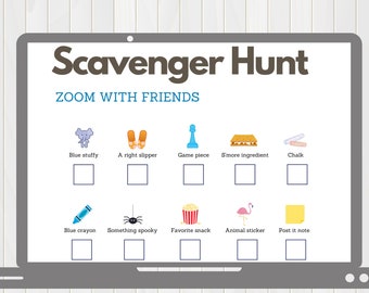 Puede incluir: Un juego de búsqueda del tesoro imprimible para una fiesta de Zoom con amigos. El juego presenta una lista de artículos para encontrar, que incluyen un elefante de peluche azul, una pantufla derecha, una pieza de juego, un ingrediente para s'mores, tiza, un crayón azul, algo espeluznante, un bocadillo favorito, una pegatina de animal y una nota adhesiva.