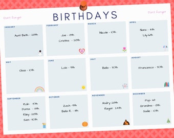 Birthday Calendar. This birthday planner and calendar keeps birthdays organized. Never forget another birthday again.