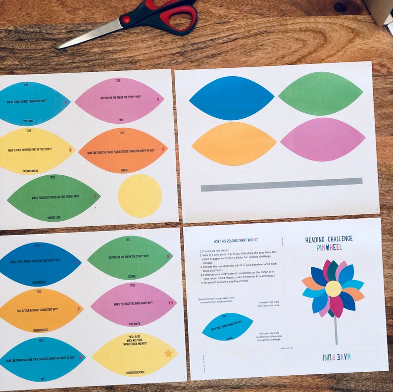 Puede incluir: Un gr&aacute;fico de desaf&iacute;o de lectura imprimible para ni&ntilde;os. El gr&aacute;fico presenta una colorida pi&ntilde;ata con las palabras "Reading Challenge Pinwheel" y "Have Fun!" El gr&aacute;fico tambi&eacute;n incluye instrucciones sobre c&oacute;mo usar el gr&aacute;fico y preguntas para hacer sobre el libro.
