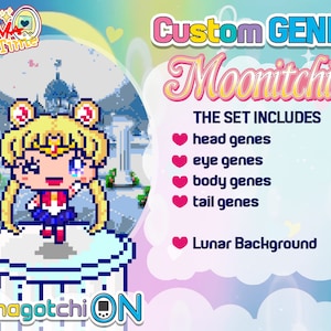 May include: A pixelated illustration of a character from the Tamagotchi video game series. The character is a pink and blue cat with a yellow crown and a white background. The text "Custom GENES Moonitchi" is displayed above the character. The text "THE SET INCLUDES" is displayed below the character, followed by a list of items: "head genes", "eye genes", "body genes", "tail genes", and "Lunar Background". The text "Tamagotchi ON" is displayed below the character.