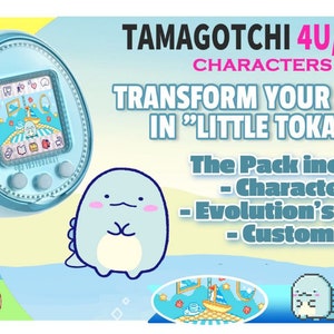 Può includere: Un animale domestico digitale Tamagotchi 4U/4U+ azzurro con uno schermo che mostra una scena a cartoni animati. L'immagine include il testo: "TRANSFORM YOUR TAMA IN 'LITTLE TOKATCHI'". Viene mostrato anche un personaggio dei cartoni animati blu.