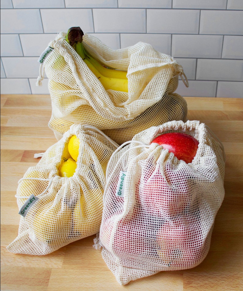 Ensemble de 9 sacs réutilisables Sacs à fruits et légumes en coton Sacs à fruits et légumes en filet Sacs d'épicerie réutilisables Zéro déchet Mode de vie durable image 1