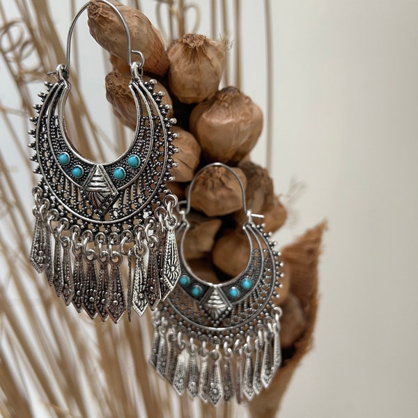 Tribal Peasant-style Earrings Large Boho chic Turquoise Silver Tassel Chandelier Statement Drop Hoop Earrings