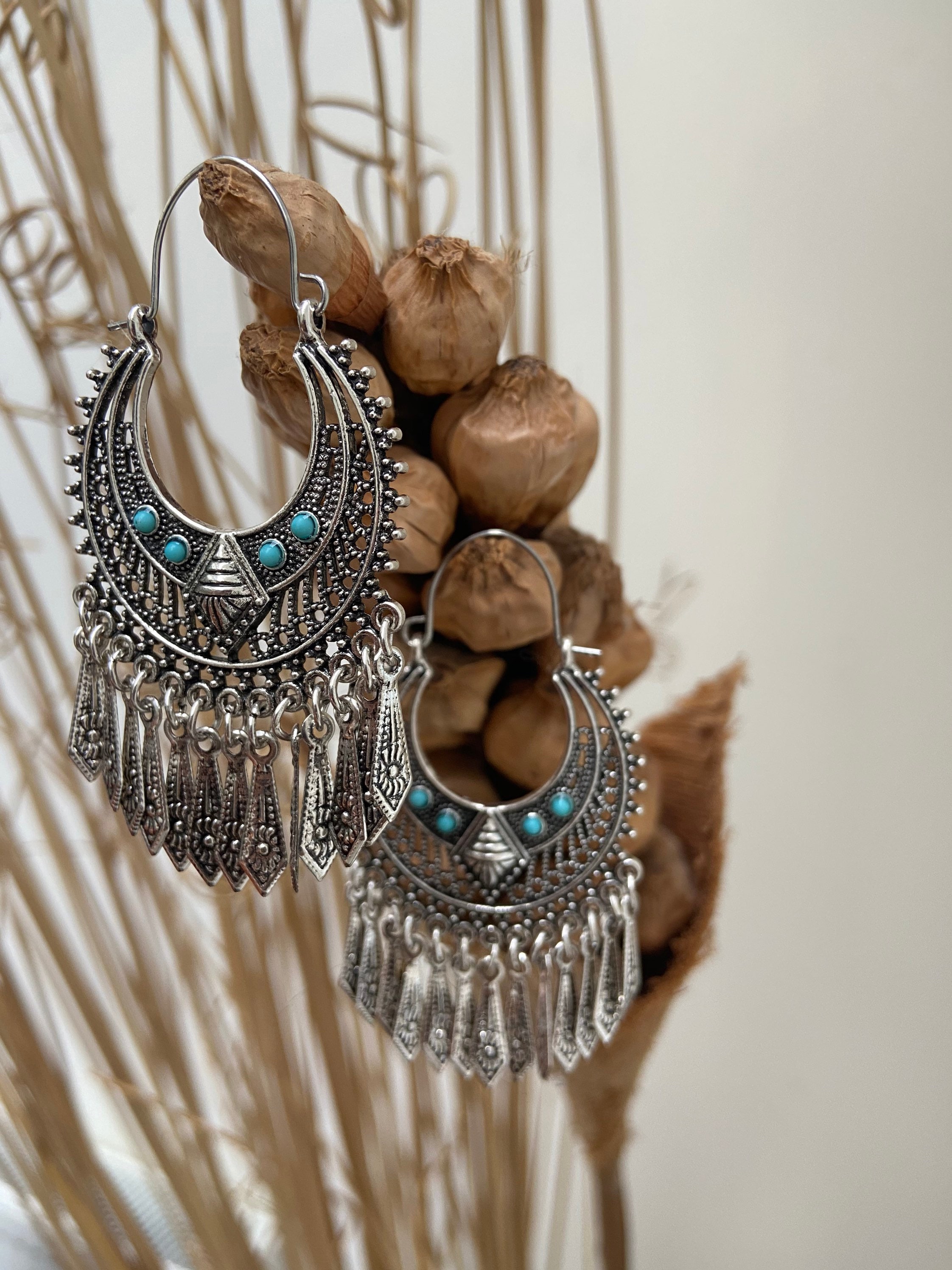 Tribal Peasantstyle Earrings Large Boho Chic Turquoise Silver Tassel
