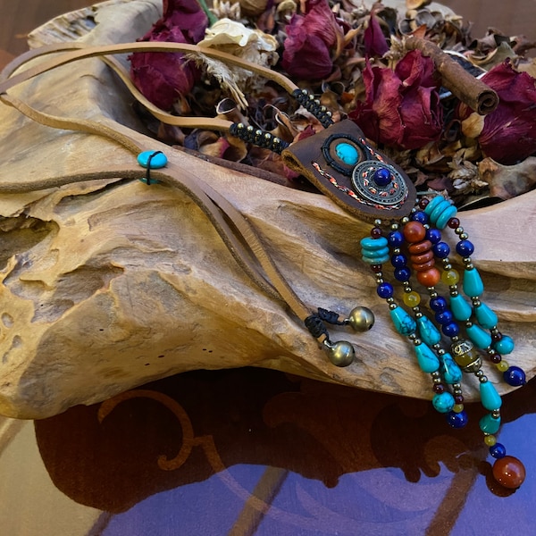 Ethnic Turquoise Leather Necklace, Long Turquoise Necklace,Boho Necklace, Long Bohemian Women’s Necklace, Leather Necklace,Beaded  Necklace