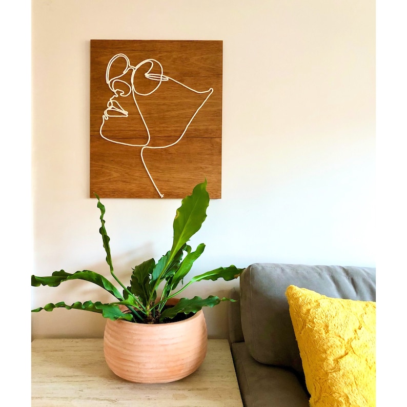 Single line drawing fiber art minimalist wall art wood sign wall painting modern decor image 1