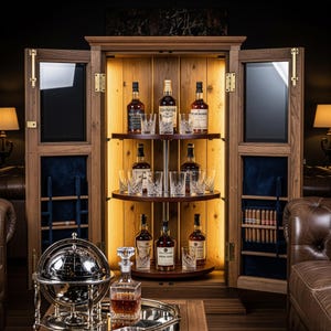Luksusowa szafka na whisky – podświetlany diodami LED barek na alkohol z uchwytami na szklanki, przechowywanie humidorów, zabytkowe meble do domowego baru dla panów
