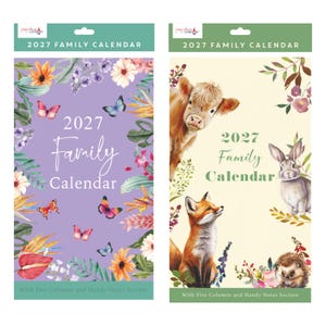 May include: Two 2027 family calendars with hanging tabs. The left calendar has a purple background with colorful flowers and butterflies. The right calendar has a cream background with illustrations of a cow, rabbit, fox, and hedgehog.
