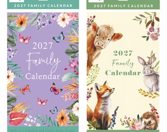 Family Calendar 2027 Five Column Monthly Wall Organiser Animals & Butterflies Design