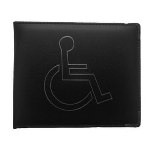 May include: Black leather wallet with a silver embossed wheelchair symbol.