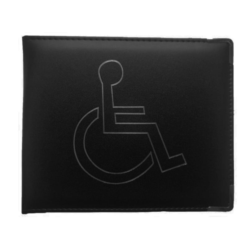 May include: Black leather wallet with a silver embossed wheelchair symbol.