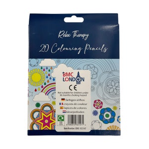 May include: A blue box with a white label that says "Relax Therapy 20 Colouring Pencils". The box has a colorful design with a rainbow, clouds, and flowers. The label also includes the text "BMC LONDON" and a CE mark. The text "Not suitable for children under 36 months: choking hazard" is also on the label.