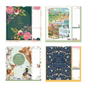 May include: Four 2027 family organiser wall calendars with spiral binding. Designs include floral patterns, seasonal landscape illustrations, woodland animals, and bees. Each calendar features a side panel with shopping lists and notes sections.