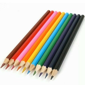 May include: A set of ten colored pencils with wooden barrels and sharpened points. The pencils are arranged in a rainbow order, starting with brown and ending with black.