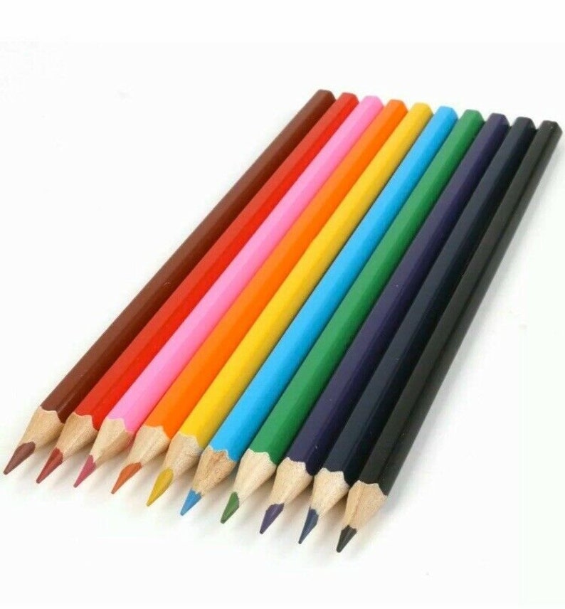 May include: A set of ten colored pencils with wooden barrels and sharpened points. The pencils are arranged in a rainbow order, starting with brown and ending with black.